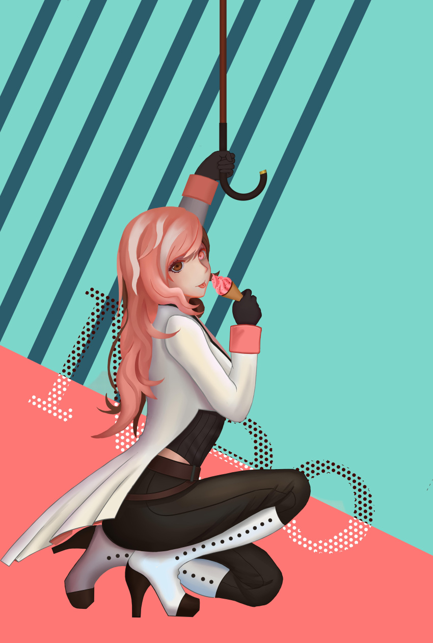 1girl :p absurdres brown_hair character_name gloves heterochromia highres ice_cream_cone kneeling long_hair neo_(rwby) pink_hair rwby solo tongue tongue_out umbrella zhao_shixuan