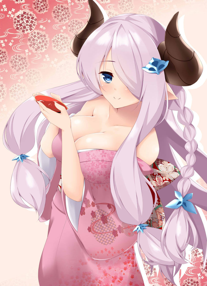 1girl alcohol alternate_costume aria_(okuda08808008) bare_shoulders blue_eyes blush braid breasts butterfly_hair_ornament cherry_blossoms closed_mouth collarbone cowboy_shot demon_horns floral_background floral_print granblue_fantasy hair_ornament hair_over_one_eye highres holding horns japanese_clothes kimono large_breasts lavender_hair long_hair looking_at_viewer narumeia_(granblue_fantasy) obi off_shoulder pointy_ears print_kimono purple_hair sakazuki sake sash single_braid smile solo very_long_hair
