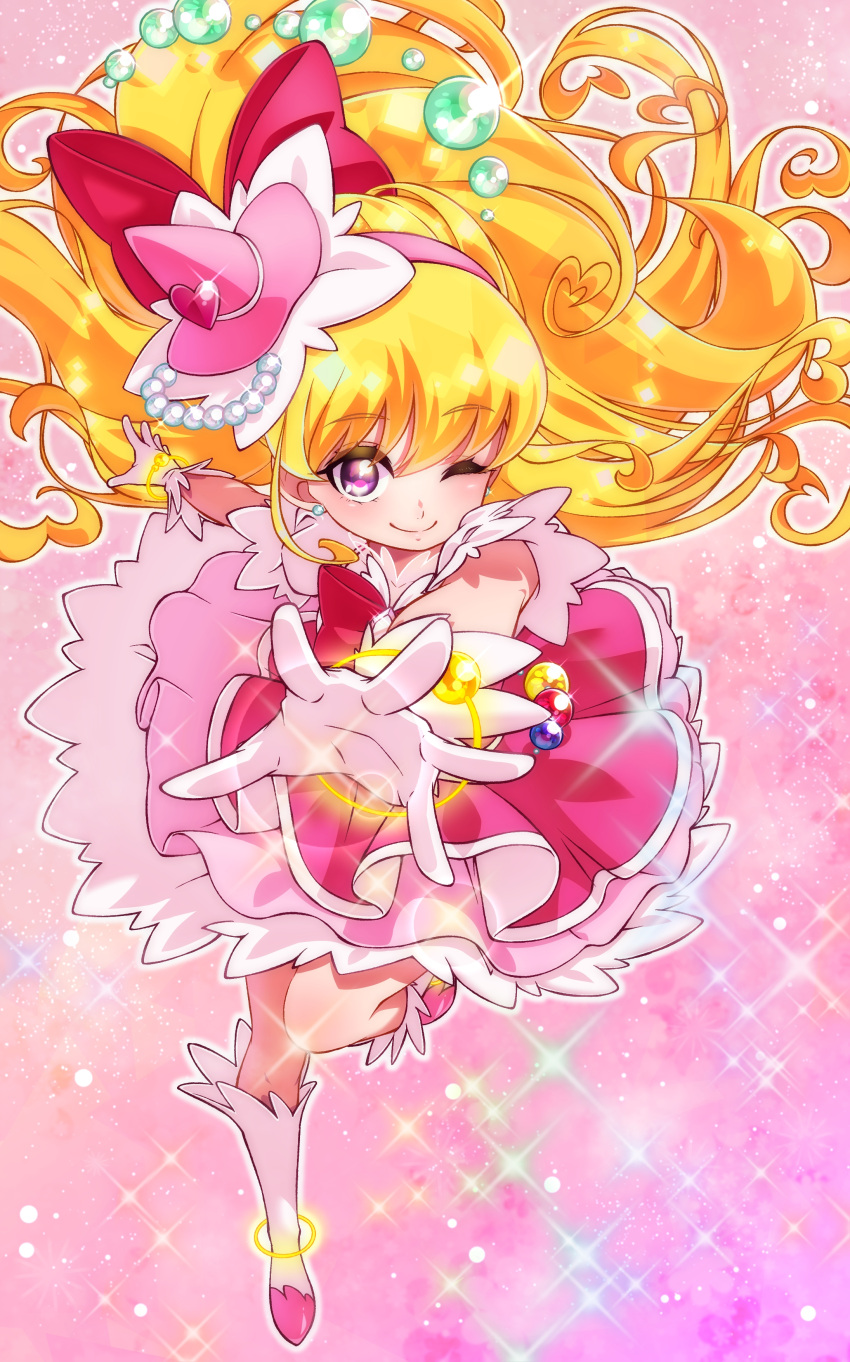 1girl absurdres asahina_mirai blonde_hair boots bow cure_miracle full_body gloves hair_bow hairband highres knee_boots long_hair looking_at_viewer magical_girl mahou_girls_precure! mini_witch_hat one_eye_closed outstretched_hand pink_background pink_hat pink_skirt precure red_bow skirt smile solo sparkle violet_eyes white_boots white_gloves yupiteru