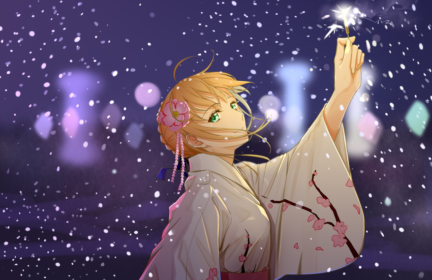 1girl absurdres ahoge artoria_pendragon_(all) blonde_hair braid cherry_blossoms er_ci_gudu falling_snow fate/grand_order fate/stay_night fate_(series) fireworks floral_print flower french_braid green_eyes hair_flower hair_ornament highres japanese_clothes kimono looking_at_viewer smile snow solo sparkler wide_sleeves winter yukata