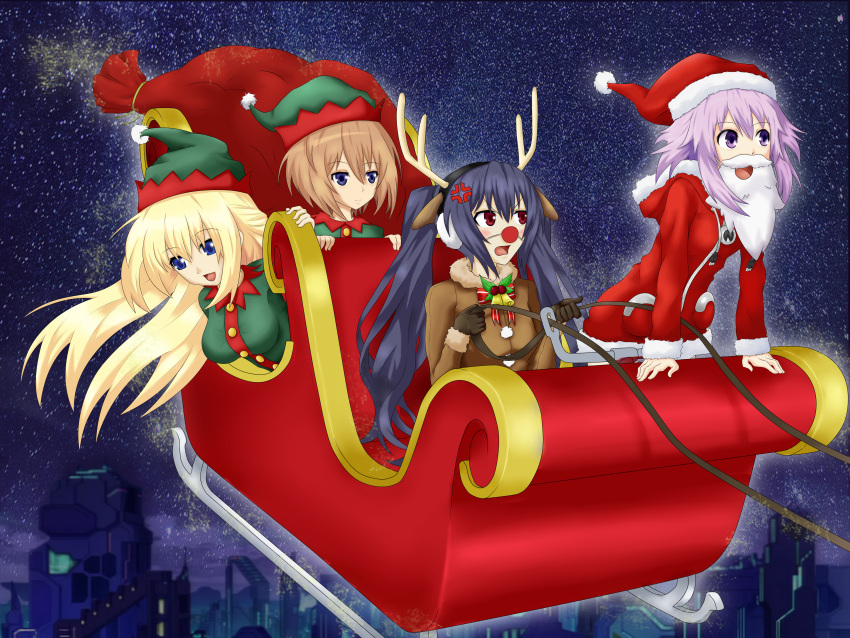 absurdres animal_costume antlers blanc blonde_hair braid breasts choujigen_game_neptune christmas earmuffs highres huge_filesize large_breasts long_hair multiple_girls neptune_(choujigen_game_neptune) neptune_(series) noire not_a_hazard purple_hair reindeer_antlers reindeer_costume twin_braids vert