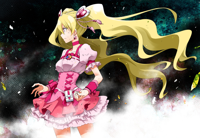 1girl blonde_hair choker cure_peach dress earrings eyelashes fresh_precure! frilled_dress frills hair_ornament heart heart_hair_ornament jewelry long_hair looking_to_the_side magical_girl momozono_love osusitan pink_dress pink_hair precure puffy_sleeves serious solo standing twintails wrist_cuffs