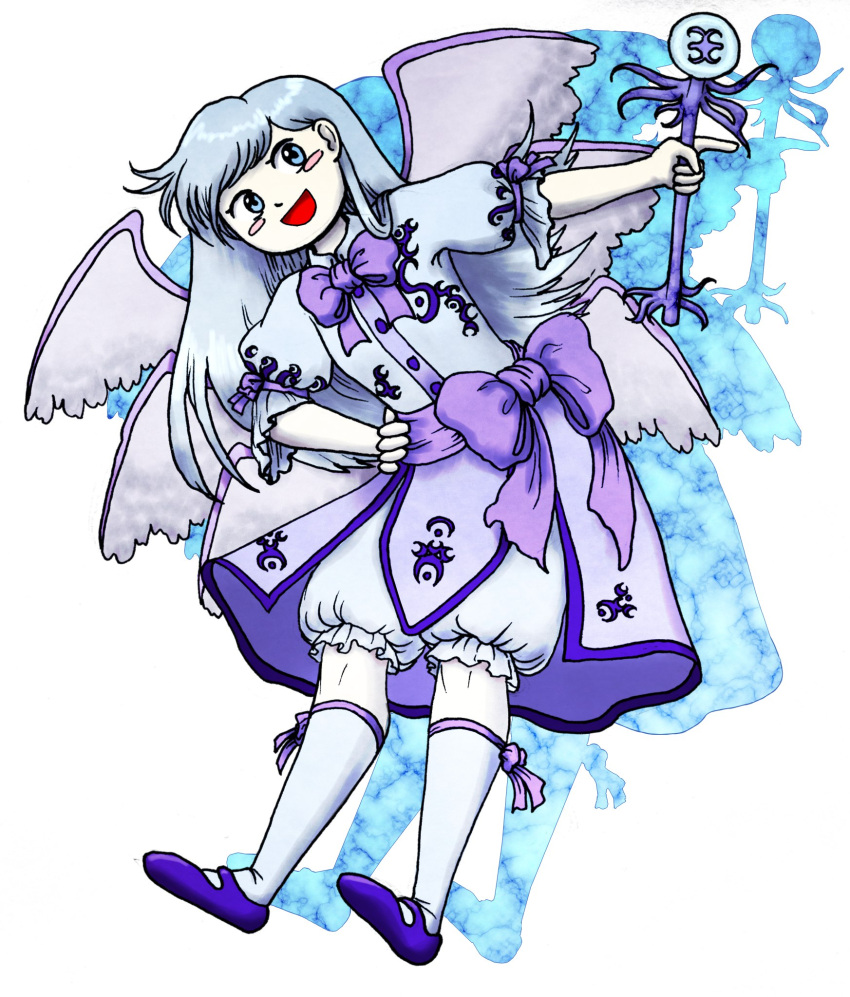 1girl :d artist_request blue_dress blue_eyes blue_hair blue_shoes blush_stickers bow bowtie dress elbow_gloves full_body gloves hand_on_hip highres holding_wand long_hair looking_at_viewer low_wings mary_janes multiple_wings oota_jun'ya_(style) open_mouth parody puffy_pants puffy_short_sleeves puffy_sleeves purple_bow purple_bowtie purple_ribbon ribbon sariel shoes short_sleeves silhouette simple_background smile solo style_parody touhou touhou_(pc-98) wand white_background white_gloves wings