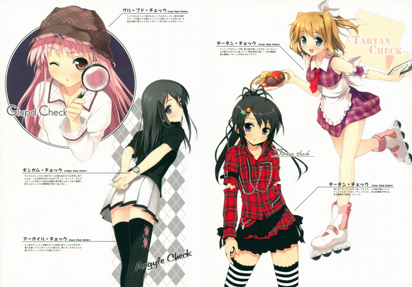 3girls absurdres alternate_hairstyle argyle argyle_legwear arms_behind_back black_hair blue_eyes brown_hair clipboard dress food from_behind from_side hair_down hair_intakes hair_ornament hair_ribbon hairclip hat highres huge_filesize kantoku magnifying_glass miyaguchi_hiromi miyaguchi_kanna miyaguchi_kei multiple_girls multiple_views original pink_eyes pink_hair plaid plaid_dress plaid_hat plaid_shirt plate pleated_skirt ponytail ribbon roller_skates scan shirt skates skirt striped striped_legwear thigh-highs violet_eyes waitress