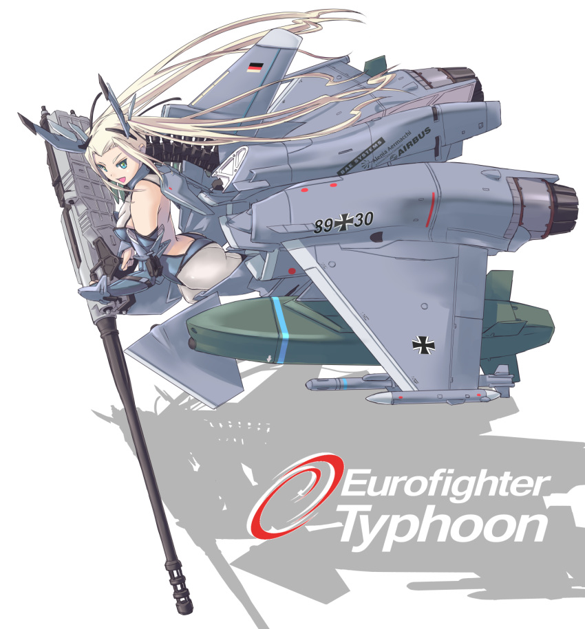1girl :d ammunition_belt aqua_eyes ass blonde_hair canards ef_typhoon elbow_gloves flying gloves gun hair_ornament highres jet_engine long_hair looking_back mecha_musume nenchi open_mouth personification real_life rifle rocket shadow skin_tight smile solo twintails very_long_hair weapon wings