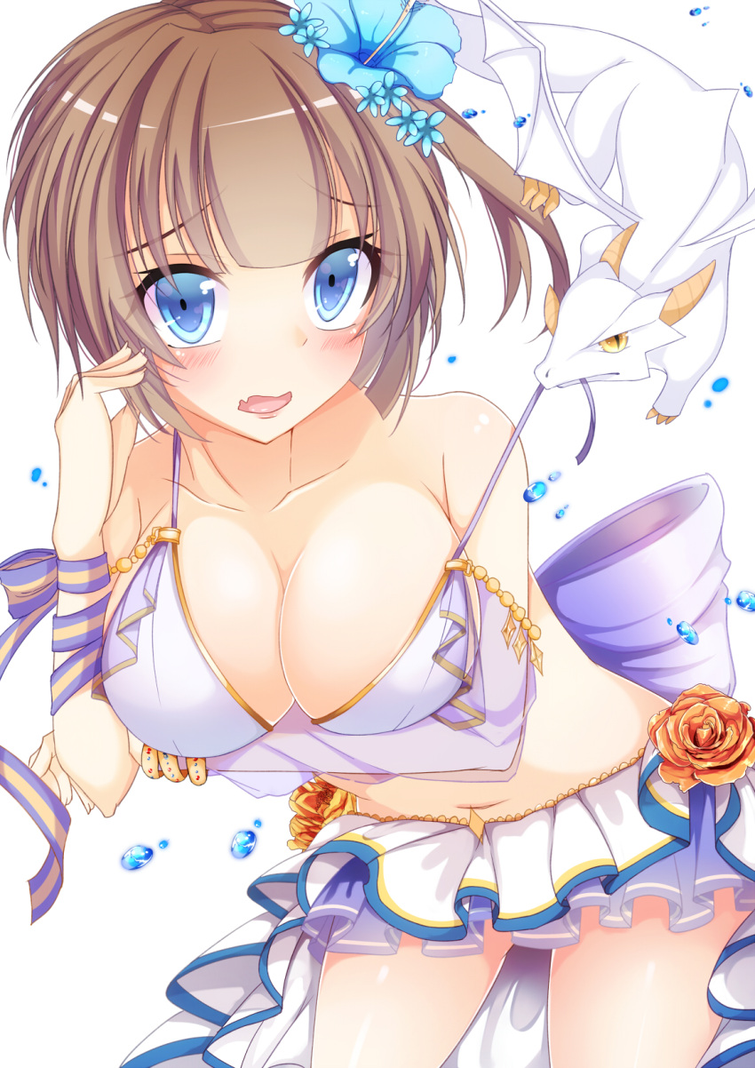 1girl arm_ribbon bangs bare_shoulders beads bikini_skirt bloodcatblack blue_eyes blue_flower blunt_bangs bracelet breast_hold breasts brown_hair cleavage collarbone cowboy_shot detached_sleeves dragon ekuseria embarrassed fang flower frills hair_flower hair_ornament highres jewelry large_breasts leaning_forward looking_at_viewer mouth_hold navel one_side_up open_mouth pleated_skirt pulling ribbon rose see-through shironeko_project simple_background skirt solo stomach strap_slip string_bikini water_drop white_background