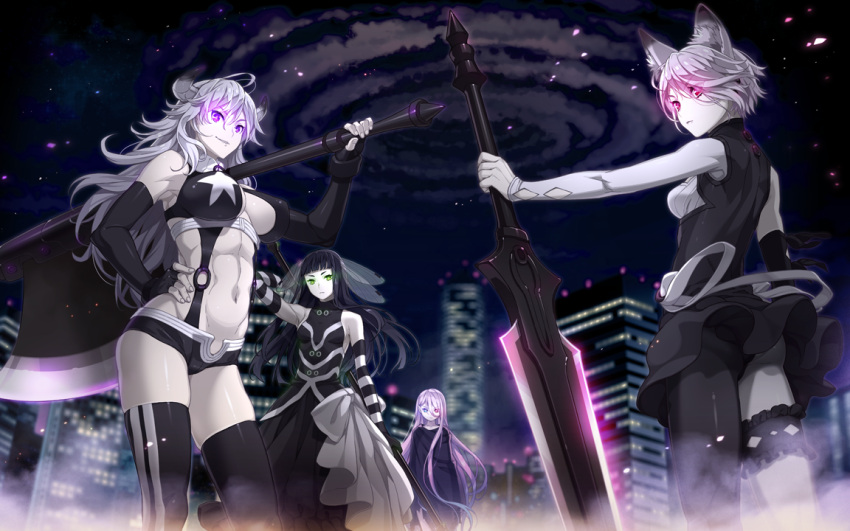 4girls ass axe bare_shoulders blue_eyes breasts carol_the_witch cleavage demon_horns elbow_gloves fingerless_gloves game_cg gloria_the_witch gloves glowing glowing_eyes green_eyes hamashima_shigeo hand_on_hip heterochromia horns jane_doe_the_witch leg_garter long_hair looking_at_viewer maggot_baits mismatched_legwear multiple_girls over_shoulder pale_skin red_eyes short_hair short_shorts shorts silver_hair smirk thigh-highs very_long_hair violet_eyes weapon weapon_over_shoulder wilma_the_witch wind_lift