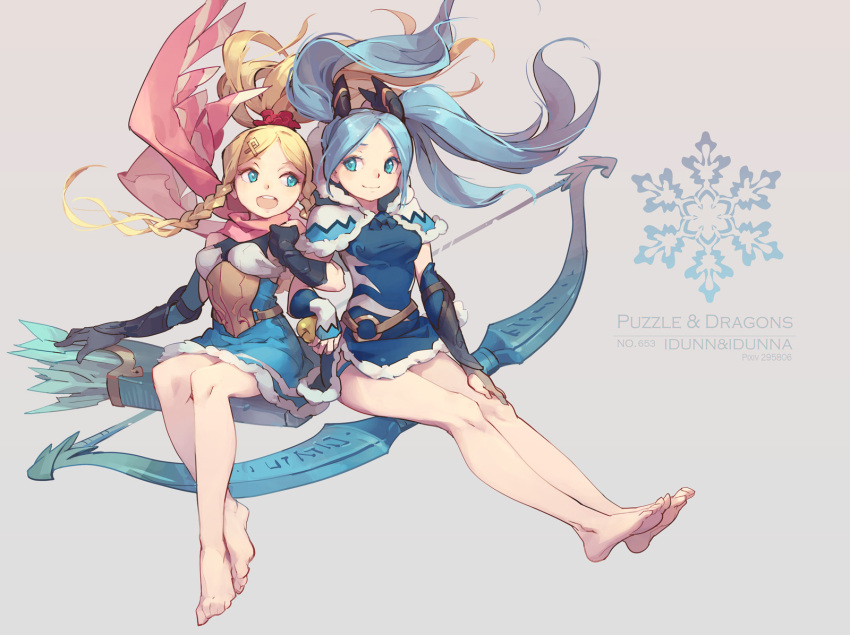 2girls apple arrow bare_legs bare_shoulders barefoot black_gloves blonde_hair blue_eyes blue_hair blush bow_(weapon) braid breasts dress food fruit fur_trim gloves hair_ornament hairclip highres idunn_&amp;_idunna long_hair multiple_girls open_mouth ponytail puzzle_&amp;_dragons quiver sitting smile tennohi twintails weapon