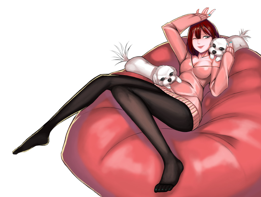 1girl absurdres aqua_nails arm_up bangs bean_bag black_legwear breasts cleavage dog highres nail_polish nermes one_eye_closed original pantyhose pink_sweater pullover redhead simple_background sitting sitting_on_object smile solo sweater white_background