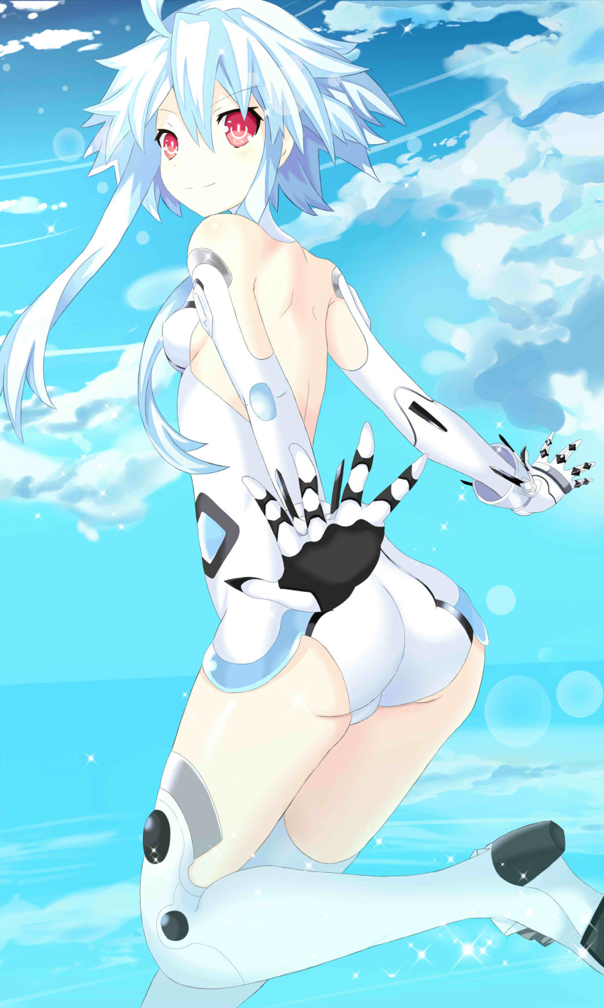 1girl absurdres ahoge ass back blanc blue_hair clouds dress highres looking_at_viewer looking_back neptune_(series) ocean open-back_dress power_symbol ramu-on@_shinon red_eyes short_hair_with_long_locks sidelocks sky smile symbol-shaped_pupils white_heart