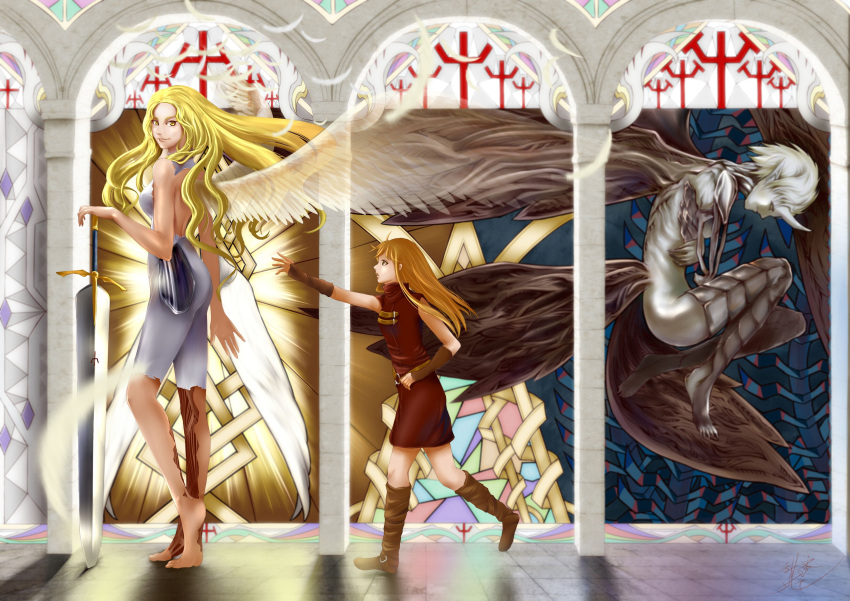 3girls absurdres artist_request barefoot blonde_hair boots clare_(claymore) claws claymore claymore_(sword) highres horn long_hair monster multiple_girls priscilla_(claymore) sword teresa weapon wings yellow_eyes