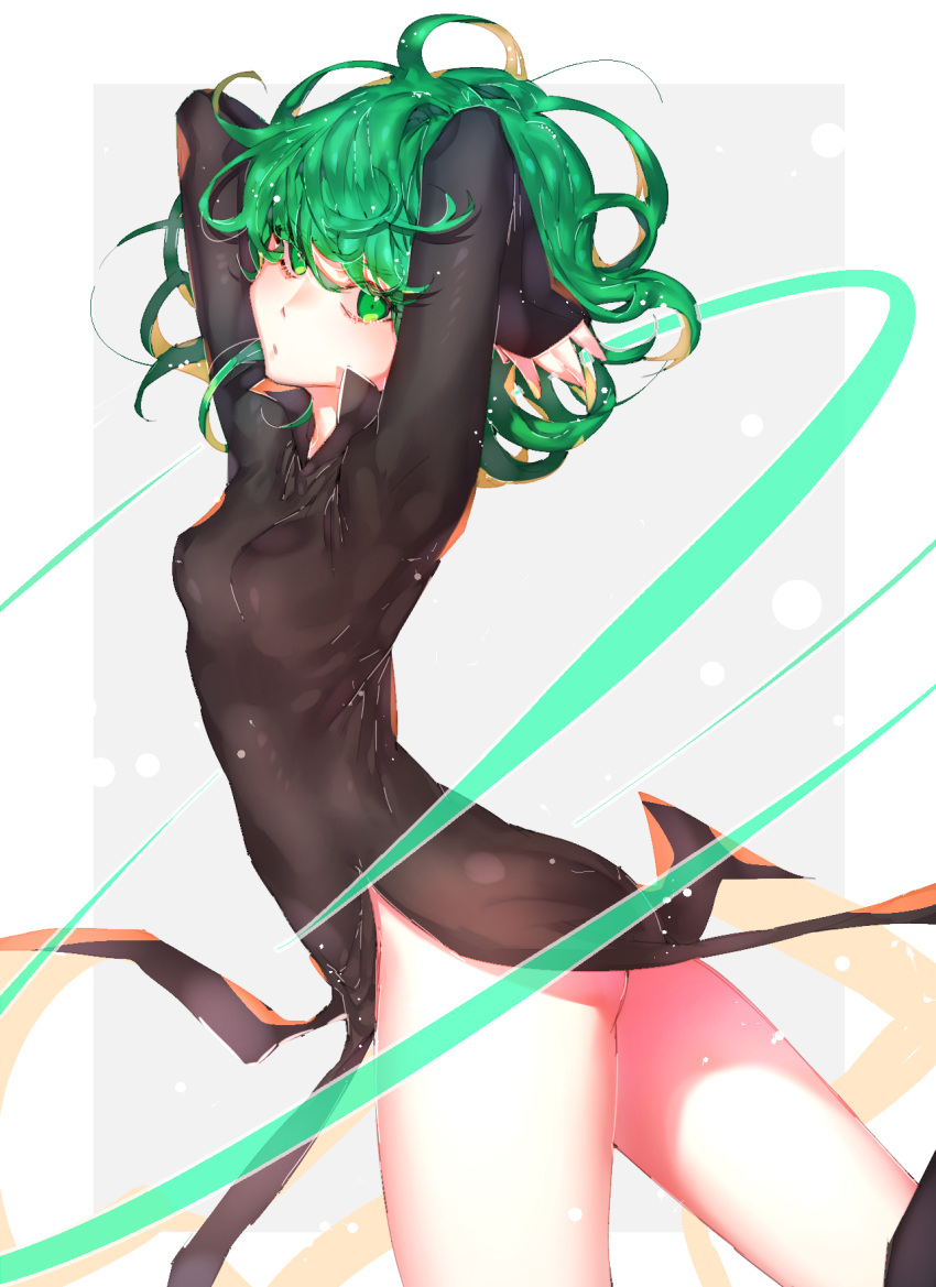 1girl arms_up ass black_dress dress expressionless green_eyes green_hair grey_background hands_in_hair highres light_particles looking_at_viewer looking_to_the_side myo_ne onepunch_man pelvic_curtain short_dress short_hair small_breasts solo tatsumaki thighs tight_dress waist wavy_hair white_border