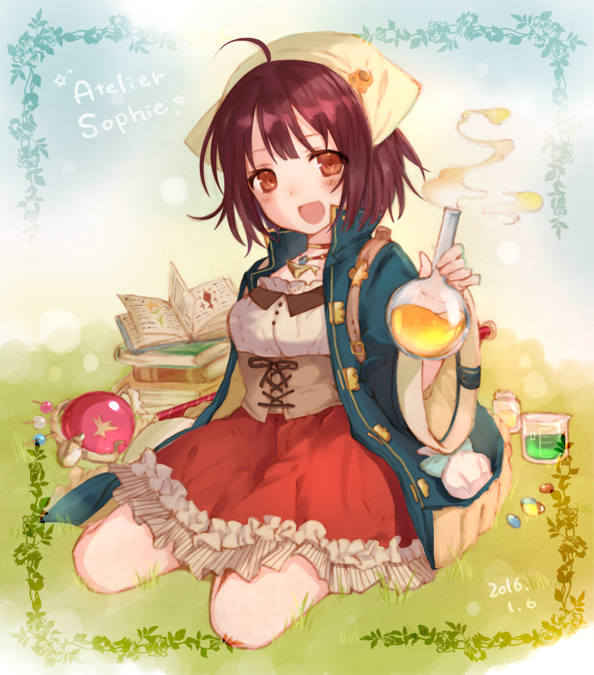 1girl 2016 :d absurdres atelier_(series) atelier_sophie bonnet book brown_eyes brown_hair coat copyright_name dated flask highres kneeling looking_at_viewer open_mouth red_skirt short_hair skirt smile solo sophie_neuenmuller umecchi