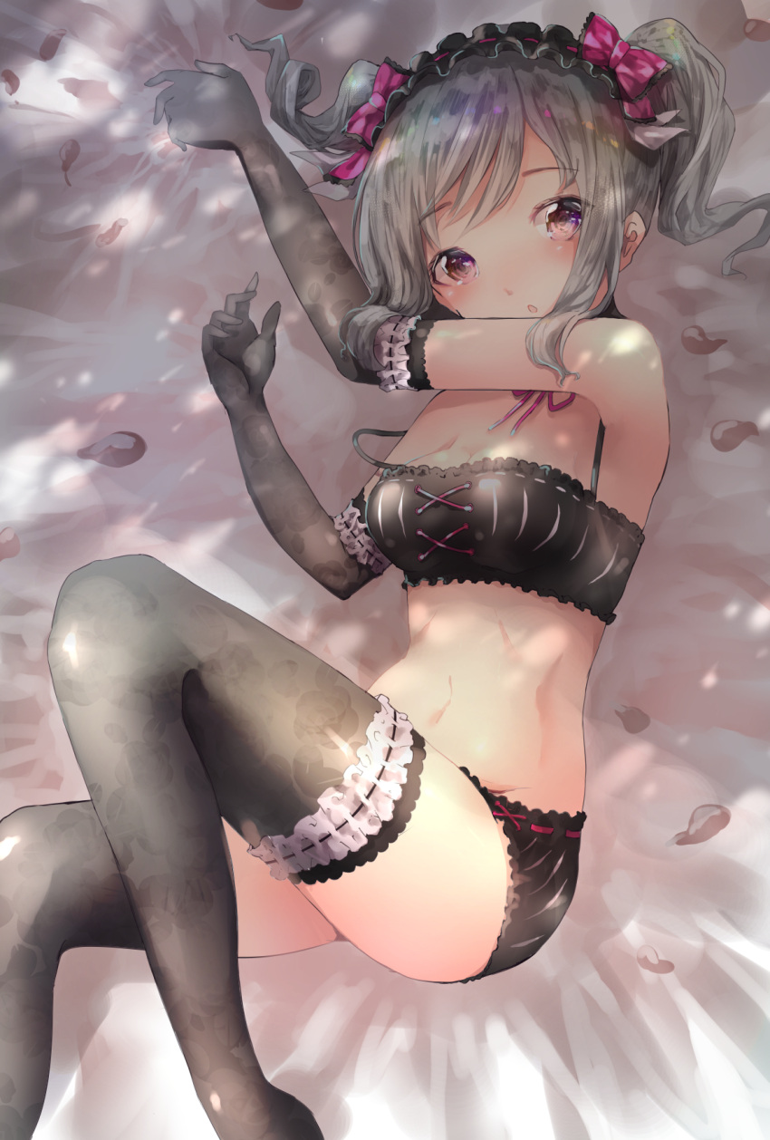 1girl arm_garter bangs bare_shoulders black_bra black_panties blush bow bra breasts chestnut_mouth cleavage cross-laced_clothes drill_hair elbow_gloves frills gloves grey_gloves grey_hair grey_legwear hair_bow hairband highres idolmaster idolmaster_cinderella_girls kanzaki_ranko long_hair looking_at_viewer lying navel negimapurinn on_back on_bed panties petals pink_bow pink_ribbon red_eyes ribbon ribbon-trimmed_bra ribbon-trimmed_panties solo stomach strap_slip swept_bangs thigh-highs twin_drills twintails underwear underwear_only