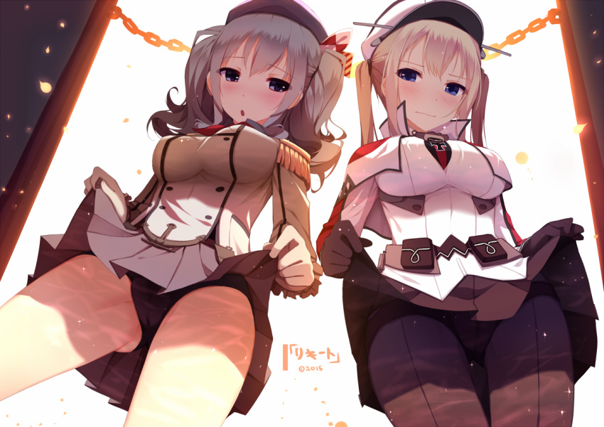 2016 2girls :o anchor_symbol bare_legs beret black_legwear black_panties blonde_hair blue_eyes blush breasts buttons capelet chain closed_mouth cowboy_shot cross double-breasted epaulettes from_below front-seamed_legwear gloves graf_zeppelin_(kantai_collection) grey_hair hair_between_eyes hat impossible_clothes jacket kantai_collection kashima_(kantai_collection) kerchief large_breasts lifted_by_self long_hair long_sleeves looking_at_viewer military military_uniform miniskirt multiple_girls necktie panties pantyhose peaked_cap pleated_skirt rizky_(strated) seamed_legwear skirt skirt_lift twintails two_side_up underwear uniform white_background white_gloves
