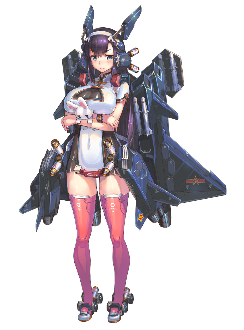 1girl absurdres aqua_eyes artist_request breasts character_request cleavage_cutout copyright_request full_body highres hug large_breasts long_hair mecha_musume mechanical_wings missile purple_hair rabbit robot_ears short_sleeves simple_background smile solo thigh-highs transparent_background wings