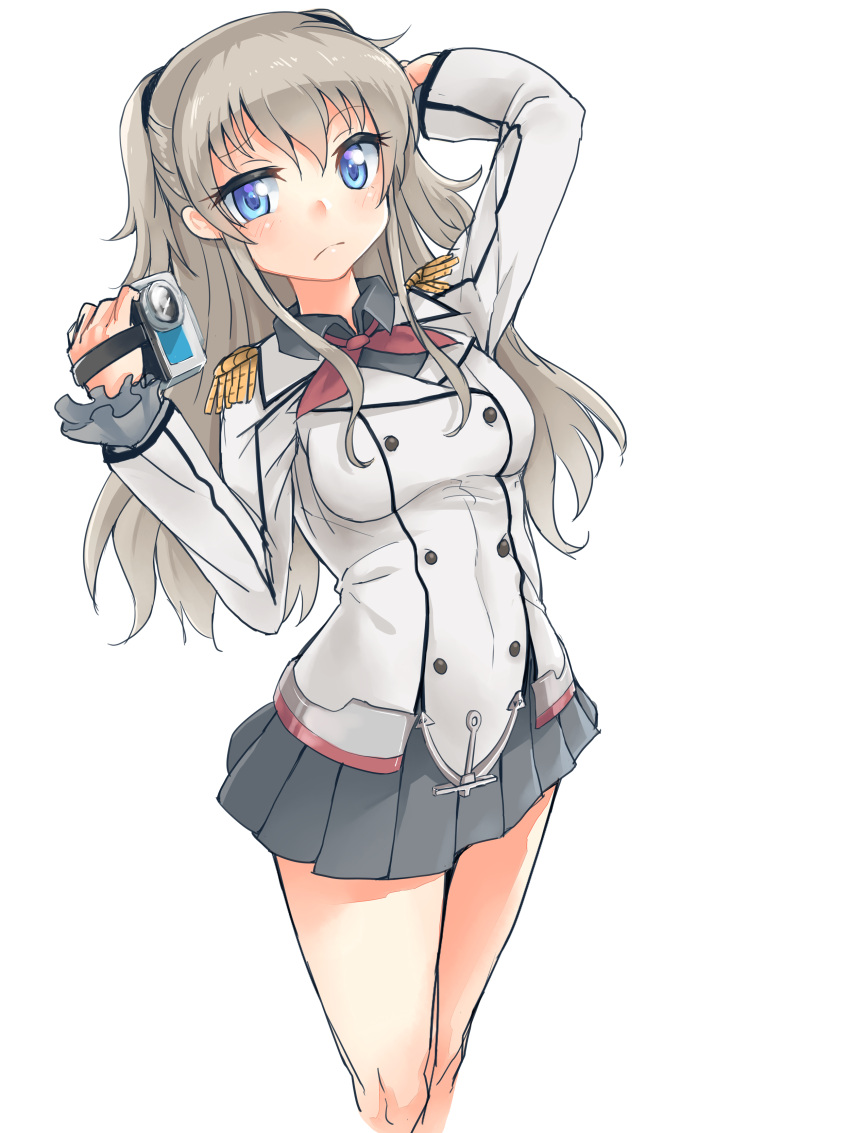 1girl absurdres blue_eyes camcorder charlotte_(anime) cosplay epaulettes haru_(renol) highres kantai_collection kashima_(kantai_collection) kashima_(kantai_collection)_(cosplay) long_hair look-alike military military_uniform silver_hair tomori_nao twintails two_side_up uniform