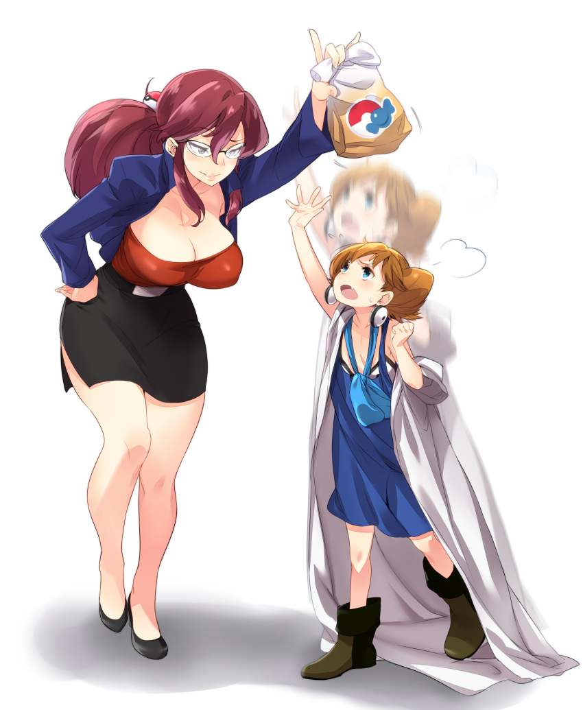 2girls absurdres afterimage age_regression ankle_boots bag blue_eyes boots breasts brown_hair bullying child cleavage earrings fang full_body glasses grin hand_on_hip highres jewelry jumping kanna_(pokemon) large_breasts lips long_hair mii_snowdon multiple_girls naso4 oversized_clothes paper_bag pencil_skirt poke_ball pokemon pokemon_(anime) ponytail pumps purple_hair short_hair side_slit sidelocks skirt smile source_request teardrop teasing unown younger