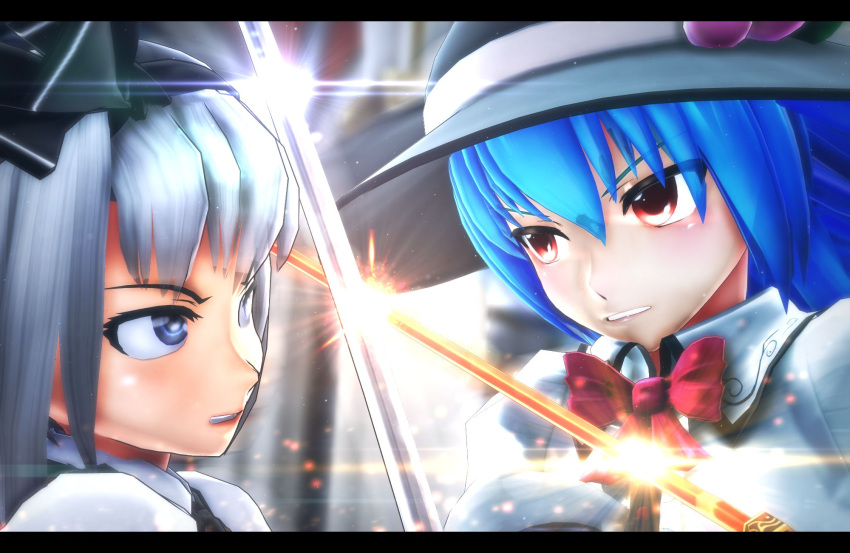 2girls 3d battle blue_eyes blue_hair blurry_background blush bow clash clenched_teeth collared_shirt green_vest hairband hat highres hinanawi_tenshi katana konpaku_youmu light_particles long_hair looking_at_another mikumikudance multiple_girls oyasiro35 red_eyes serious shirt short_hair silver_hair sparks sword sword_of_hisou touhou weapon white_shirt