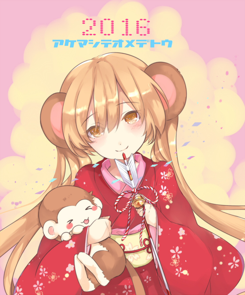 &gt;_&lt; 1girl akeome animal animal_ears arrow bangs bell blush brown_background brown_hair closed_eyes cowboy_shot floral_print head_tilt highres japanese_clothes kimono long_hair long_sleeves looking_at_viewer mikan_no_shiru monkey monkey_ears multicolored_background new_year open_mouth orange_eyes original pink_background rope sash simple_background smile twintails