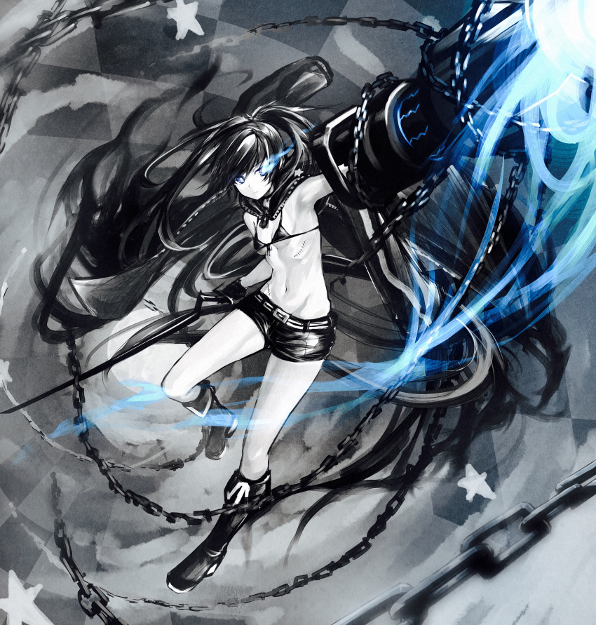 1girl absurdres arm_cannon belt bikini_top black_hair black_rock_shooter black_rock_shooter_(character) blue_eyes boots chain commentary_request dio_uryyy glowing glowing_eye glowing_eyes highres katana long_hair midriff navel pale_skin scar shorts small_breasts solo sword twintails uneven_twintails very_long_hair weapon