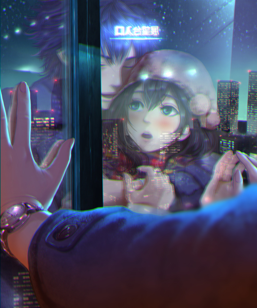 1boy 1girl against_glass aqua_eyes bangs black_hair blue_hair blurry blush building buttons city closed_eyes commentary_request couple depth_of_field glass hair_between_eyes hat hetero highres hug hug_from_behind long_hair long_sleeves night night_sky open_mouth original pom_pom_(clothes) reflection scarf sho_(shoichi-kokubun) sky skyscraper star_(sky) translation_request upper_body watch watch