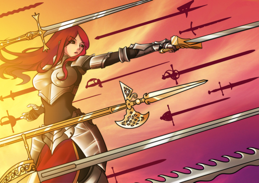 1girl absurdres armor breastplate breasts brown_eyes chainmail cowboy_shot erza_scarlet fairy_tail faulds floating_object gauntlets halberd highres loen-lapae long_hair pointing_sword polearm rapier redhead solo sword weapon