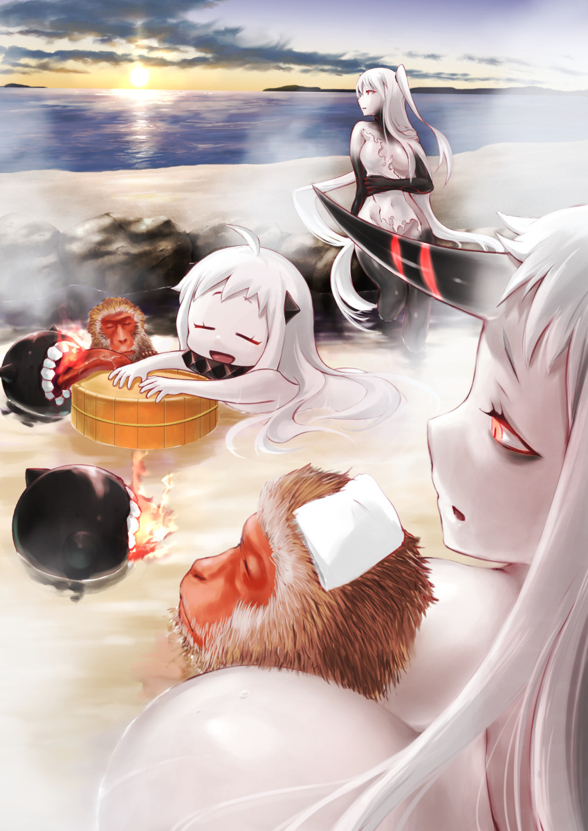 3girls :d absurdres aircraft_carrier_hime beach breasts cleavage clouds cloudy_sky commentary_request enemy_aircraft_(kantai_collection) highres horizon horn horns kantai_collection long_hair looking_at_viewer monkey multiple_girls northern_ocean_hime ocean onsen open_mouth partially_submerged saitou_mei_(meigetsu) seaport_hime shinkaisei-kan sky smile sunset white_hair white_skin