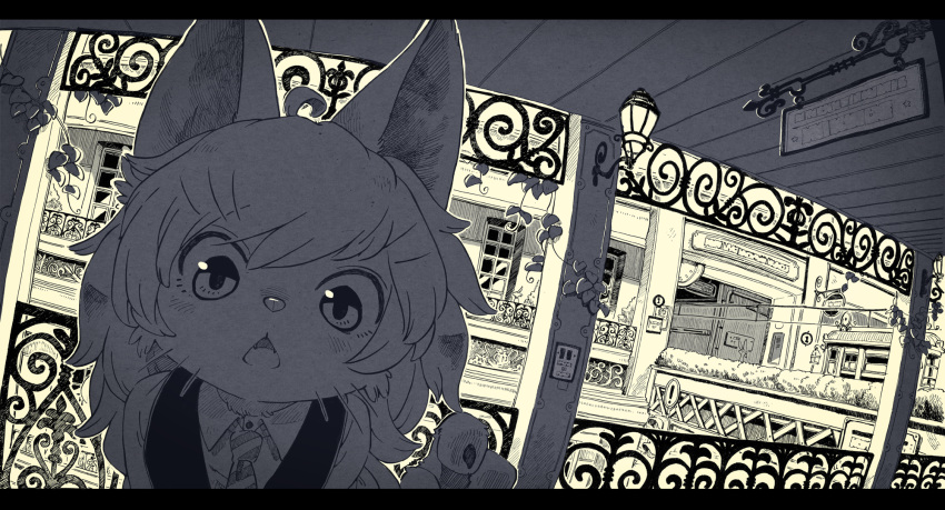 1girl animal_ears furry highres koucha_inu letterboxed looking_at_viewer monochrome necktie open_mouth solo