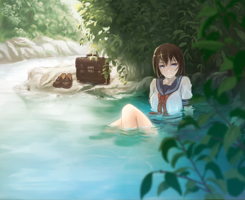 1girl bag blue_eyes brown_hair in_water kome_(okome-smile) loafers looking_at_viewer neckerchief original partially_submerged plant river school_bag school_uniform see-through serafuku shoes short_sleeves solo water wet wet_clothes wet_hair