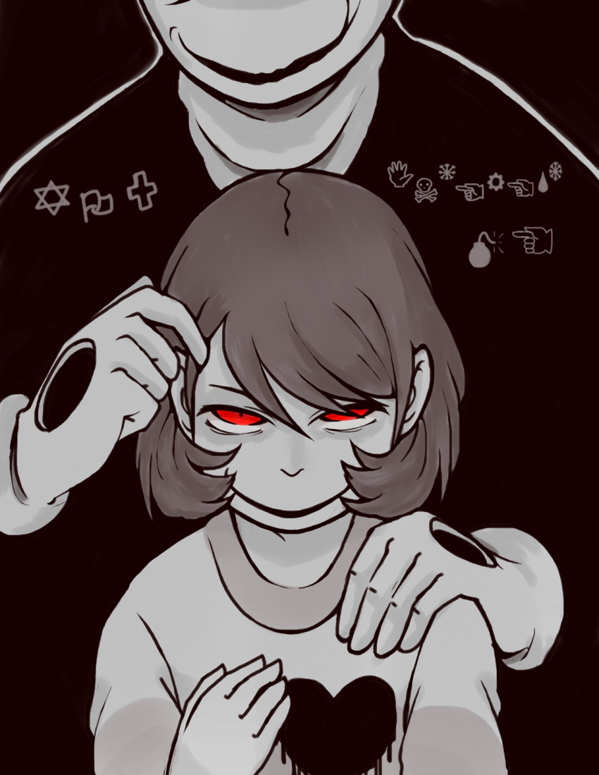 1boy androgynous brown_hair chara_(undertale) evil_smile hand_on_another's_shoulder hands_on_another's_head heart-shaped_hole highres looking_at_viewer mamaito red_eyes shirt smile striped striped_shirt translated undertale w.d._gaster wingdings