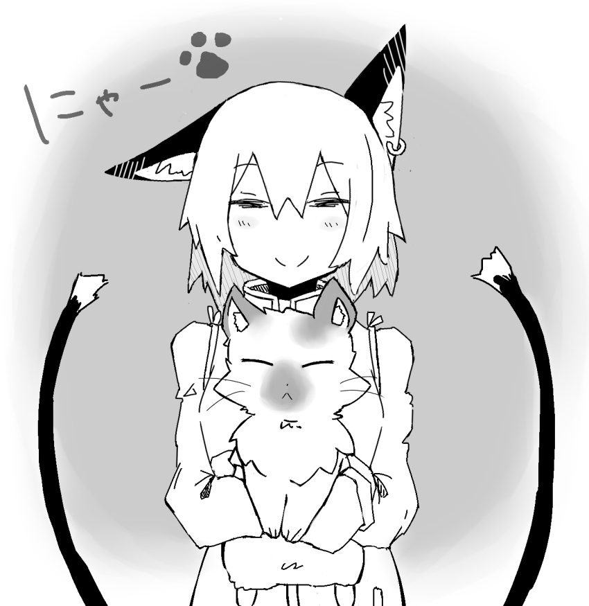 1girl animal_ears cat chen dress highres jewelry long_sleeves monochrome no_hat nurako short_hair smile tail touhou