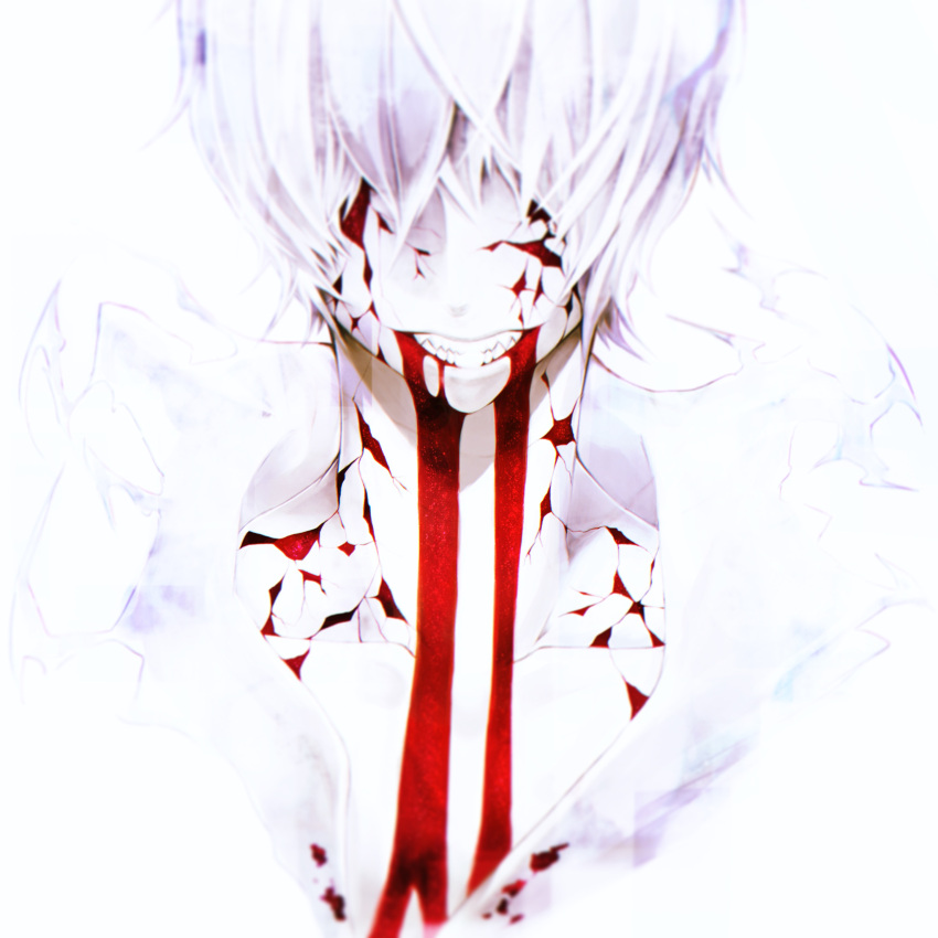 1boy absurdres alo_(m-o-k-e-k-e) blood blood_from_mouth blurry cracked_skin grin hair_over_eyes highres male_focus original sharp_teeth smile solo upper_body white_hair white_skin