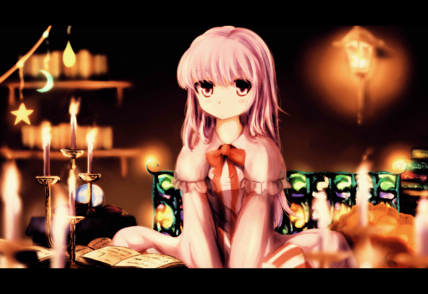 1girl blurry blurry_background book bow candle candlelight candlestand capelet crescent_moon crystal_ball depth_of_field dress expressionless flame highres letterboxed light long_hair long_sleeves moon no_hat no_ribbon open_book pajamas patchouli_knowledge pillow purple_coat purple_dress purple_hair sitting solo sora_(cmamlr) star striped_clothes touhou violet_eyes
