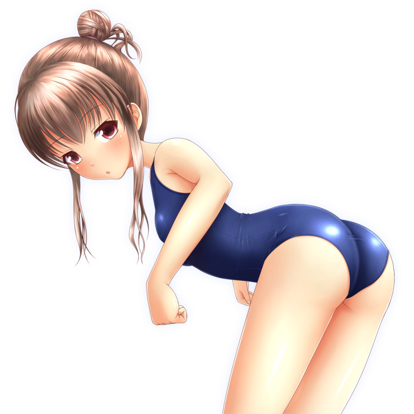 1girl ass brown_eyes brown_hair kk-sk-ray leaning_forward old_school_swimsuit original short_hair_with_long_locks simple_background solo