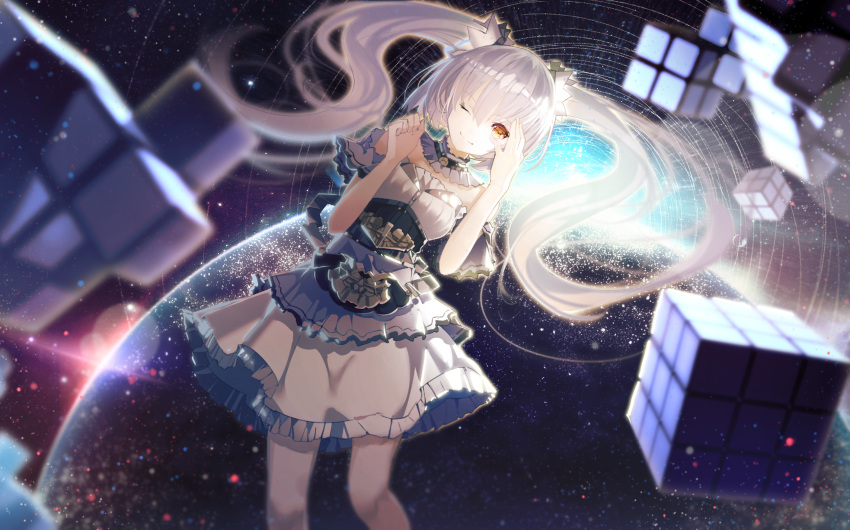 1girl ajahweea dress hair_ornament highres long_hair one_eye_closed original rubik's_cube silver_hair smile solo strapless_dress twintails yellow_eyes
