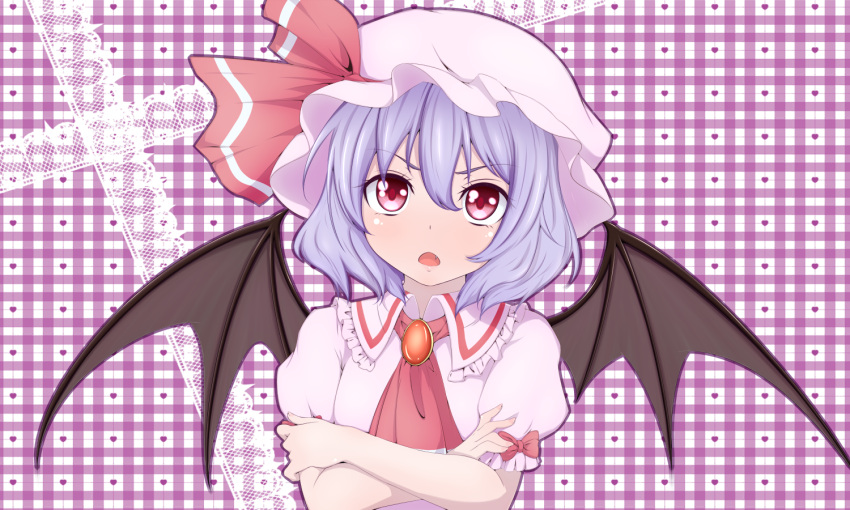 1girl bat_wings blouse blue_hair brooch cravat crossed_arms fang hat hat_ribbon jewelry lace_background looking_at_viewer misumo mob_cap open_mouth plaid plaid_background puffy_short_sleeves puffy_sleeves red_eyes remilia_scarlet ribbon short_hair short_sleeves solo touhou upper_body wings