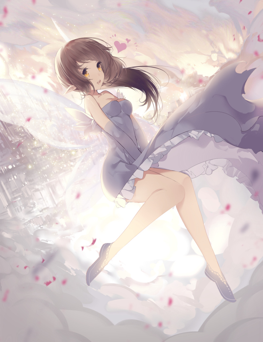 1girl ajahweea bare_shoulders brown_hair depth_of_field dress fairy hair_to_one_side heart highres long_hair open_mouth original pointy_ears shoes sky smile solo strapless strapless_dress wings yellow_eyes