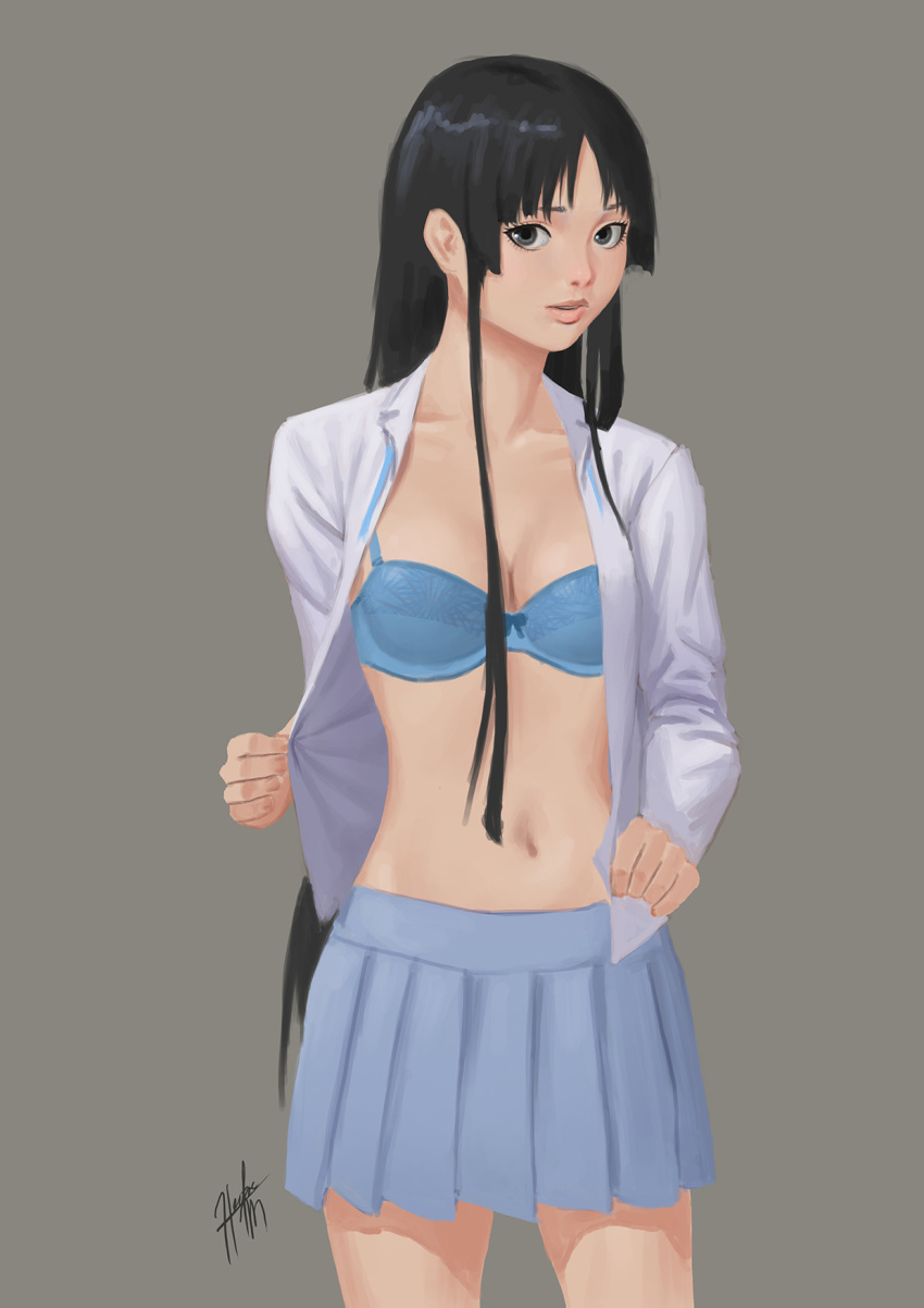 1girl akiyama_mio black_eyes black_hair blue_bra bra breasts carlo_montie cleavage embarrassed groin highres hime_cut k-on! long_hair looking_at_viewer navel school_uniform serafuku shirt simple_background skirt solo underwear undressing