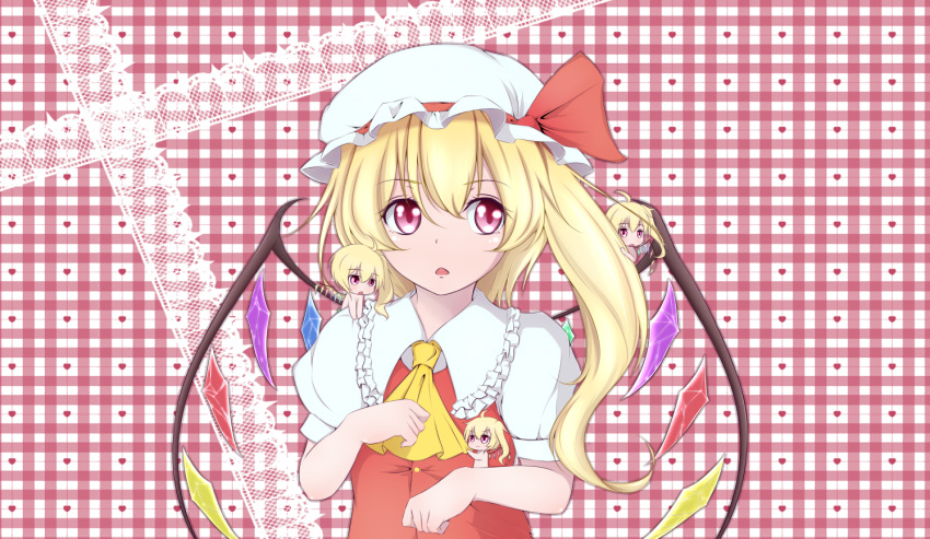 4girls ahoge blonde_hair clone cravat flandre_scarlet hat hat_ribbon lace_background looking_to_the_side minigirl misumo mob_cap multiple_girls open_mouth plaid plaid_background puffy_short_sleeves puffy_sleeves red_eyes ribbon short_hair short_sleeves side_ponytail solo touhou upper_body vest wings