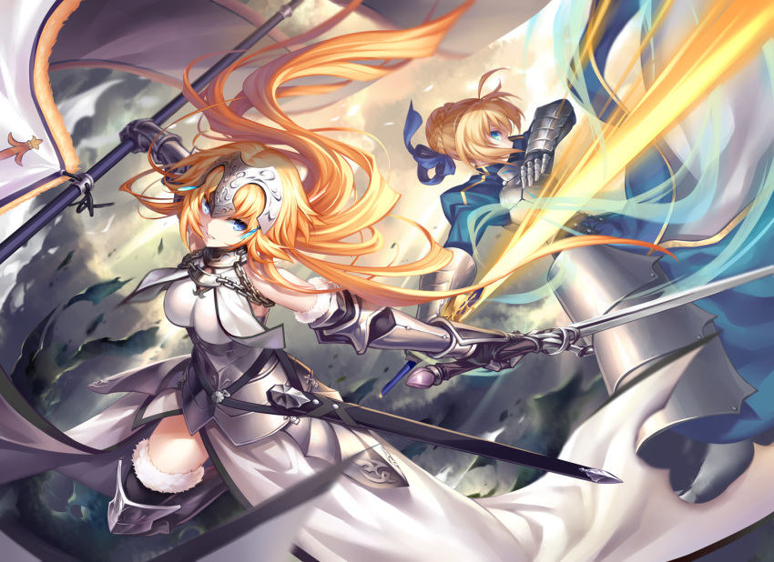 2girls ahoge armor armored_dress bangs belt blue_dress blue_eyes blue_ribbon braid breastplate clouds dress dual_wielding dutch_angle fate/grand_order fate_(series) fighting flag gauntlets glowing glowing_sword glowing_weapon hair_bun hair_ribbon holding_sword holding_weapon juliet_sleeves kousaki_rui long_hair long_sleeves looking_at_viewer motion_blur multiple_girls outdoors polearm profile puffy_sleeves ribbon ruler_(fate/apocrypha) saber sky sleeveless sleeveless_dress sword torn_clothes unsheathed very_long_hair weapon