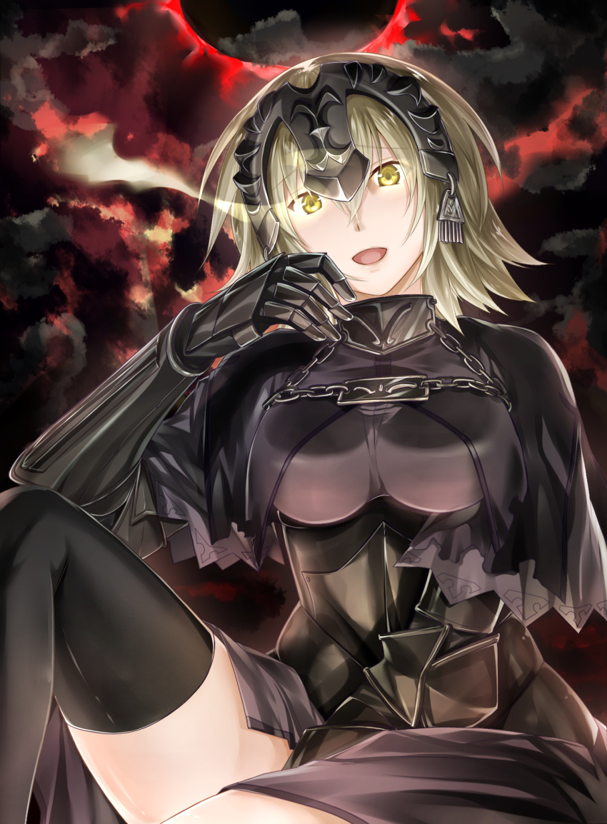 1girl :d armor blonde_hair capelet chain dark_clouds fate/grand_order fate_(series) gauntlets highres jeanne_alter kurose_nao open_mouth ruler_(fate/grand_order) short_hair sitting smile solo thigh-highs yellow_eyes zettai_ryouiki