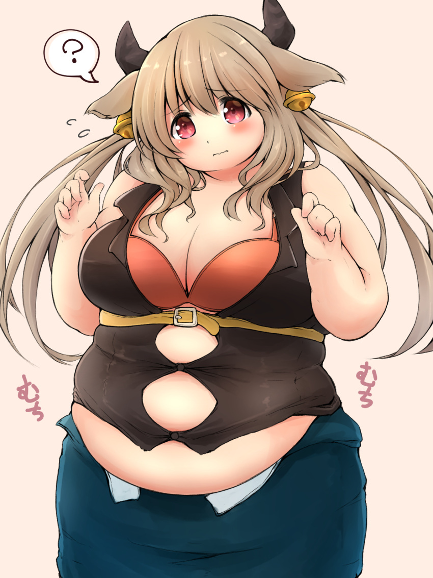 1girl ? animal_ears bell belly belt big_belly blush breasts brown_hair cleavage cow_bell cow_ears cow_girl cow_horns fat highres horns large_breasts long_hair munimuni_kinoko original red_eyes solo twintails wavy_mouth