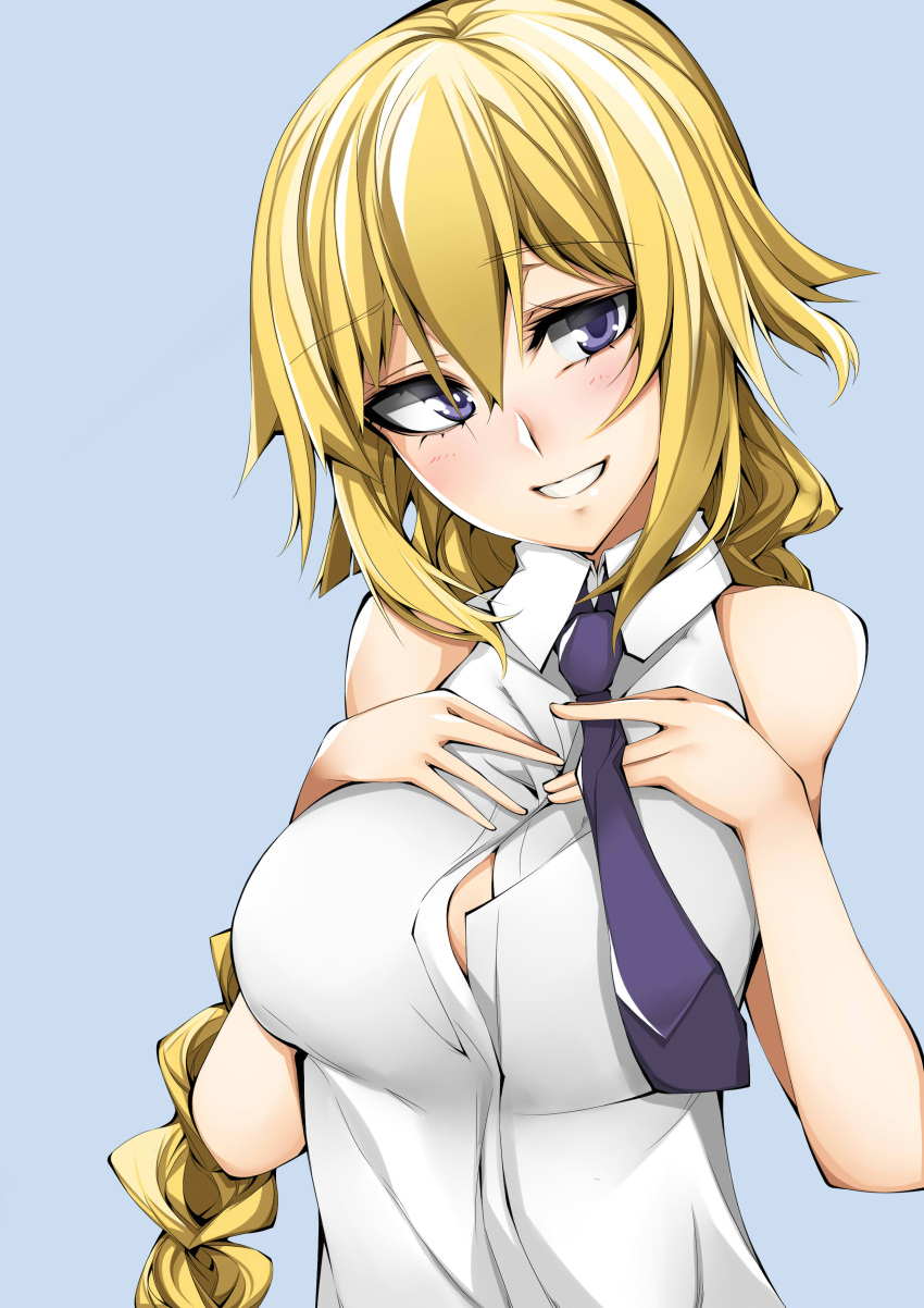 1girl absurdres bare_shoulders baron_suzuki blonde_hair blue_eyes braid breasts casual fate/apocrypha fate/grand_order fate_(series) highres jeanne_d'arc large_breasts long_hair ruler_(fate/apocrypha) smile solo
