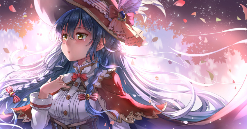 1girl :o blue_hair bow braid breasts brooch buttons capelet floating_hair hand_on_own_chest hat hat_bow hat_feather highres jewelry large_breasts long_hair love_live!_school_idol_project miazi negative_space open_mouth parted_lips petals solo sonoda_umi twin_braids upper_body very_long_hair wind yellow_eyes