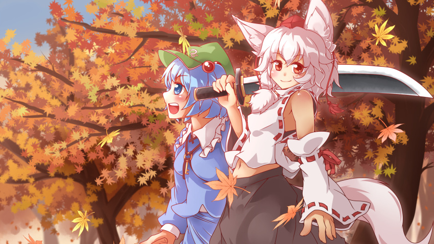 2girls animal_ears autumn autumn_leaves blue_eyes blue_hair blush collaboration cue_(lindwrum) detached_sleeves hair_bobbles hair_ornament hat highres inubashiri_momiji kawashiro_nitori key leaf looking_at_viewer midriff multiple_girls nature navel open_mouth over_shoulder pom_pom_(clothes) red_eyes ribbon-trimmed_sleeves ribbon_trim short_hair silver_hair skirt smile sword tail tokin_hat touhou tree twintails two_side_up weapon weapon_over_shoulder wolf_ears wolf_tail