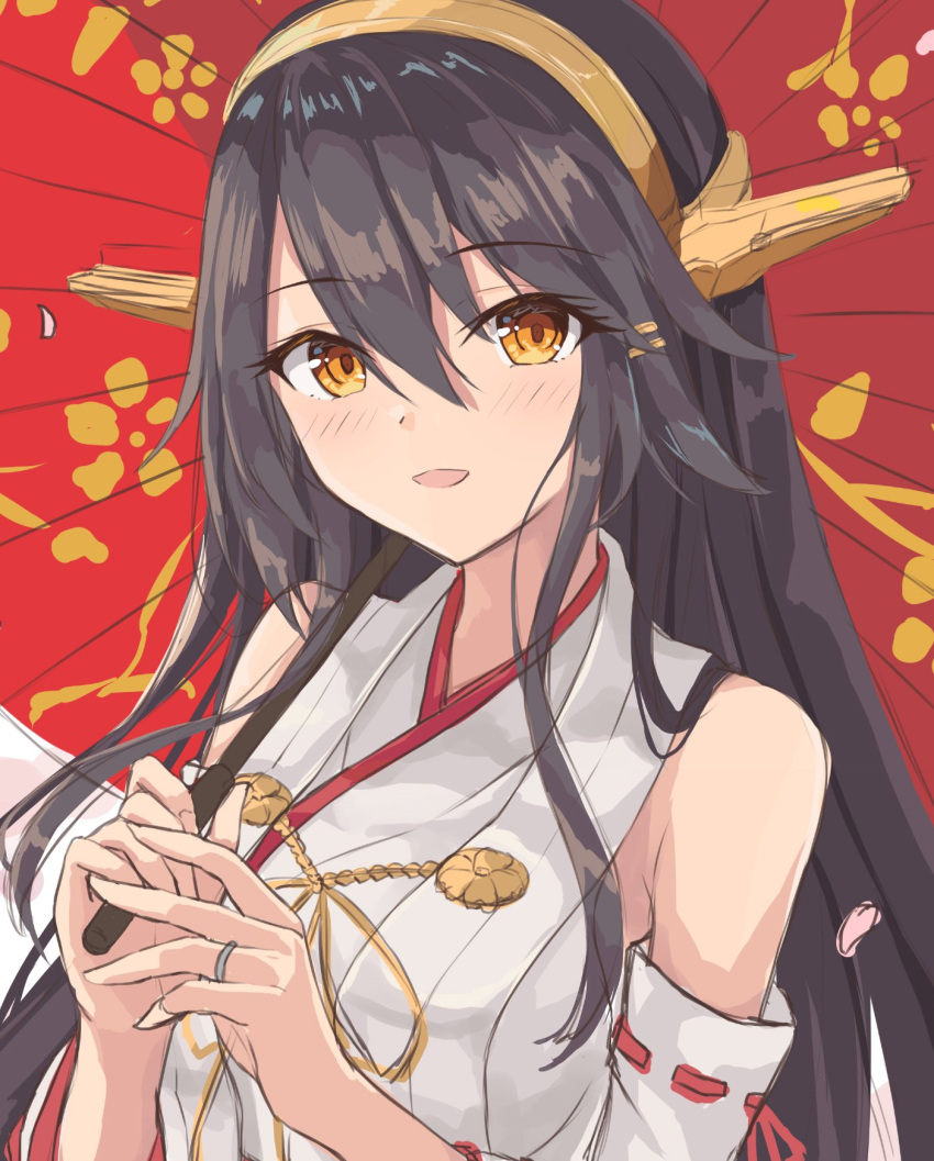 1girl bangs black_hair brown_eyes cherry_blossoms detached_sleeves eyebrows_visible_through_hair gensoukitan hair_between_eyes hair_ornament hairclip haruna_(kancolle) headgear highres holding japanese_clothes jewelry kantai_collection light_blush long_hair looking_at_viewer nontraditional_miko oil-paper_umbrella open_mouth red_umbrella ribbon-trimmed_sleeves ribbon_trim ring umbrella wedding_ring