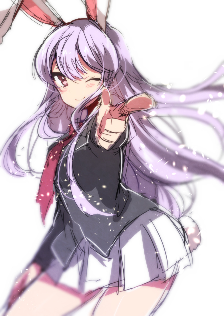 1girl ;) alternate_eye_color animal_ears blazer blouse blush breasts bunny_tail from_side hair_between_eyes hand_on_hip highres lavender_eyes lavender_hair long_hair long_sleeves necktie one_eye_closed pleated_skirt pointing pointing_at_viewer pointing_finger rabbit_ears red_necktie reisen_udongein_inaba simple_background skirt smile solo standing tail takeshima_(nia) touhou white_background wind