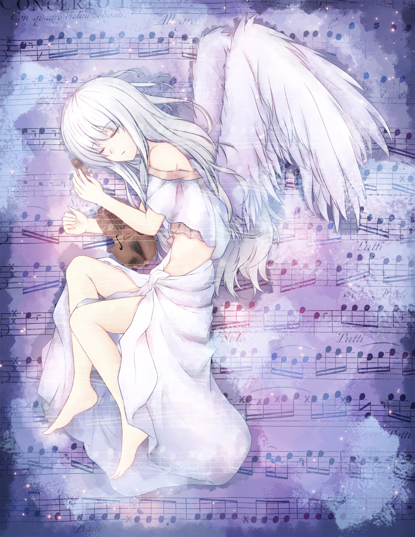 1girl closed_eyes highres instrument long_hair lying on_side original silver_hair solo veilrain violin wings