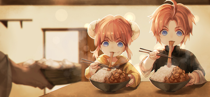 1boy 1girl ahoge bangs baozi blue_eyes blurry bokeh bowl brother_and_sister bun_cover child chinese_clothes chopsticks depth_of_field double_bun eating eyebrows eyebrows_visible_through_hair food food_in_mouth food_on_face gintama hands holding hood_down indoors j.w kagura_(gintama) kamui_(gintama) long_hair long_sleeves open_door orange_hair out_of_frame rice siblings sleeves_rolled_up steam table younger